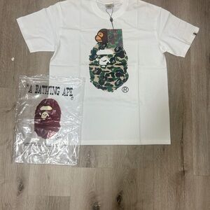 Bape White Tee with Green & Black Camo Ape Head Graphic